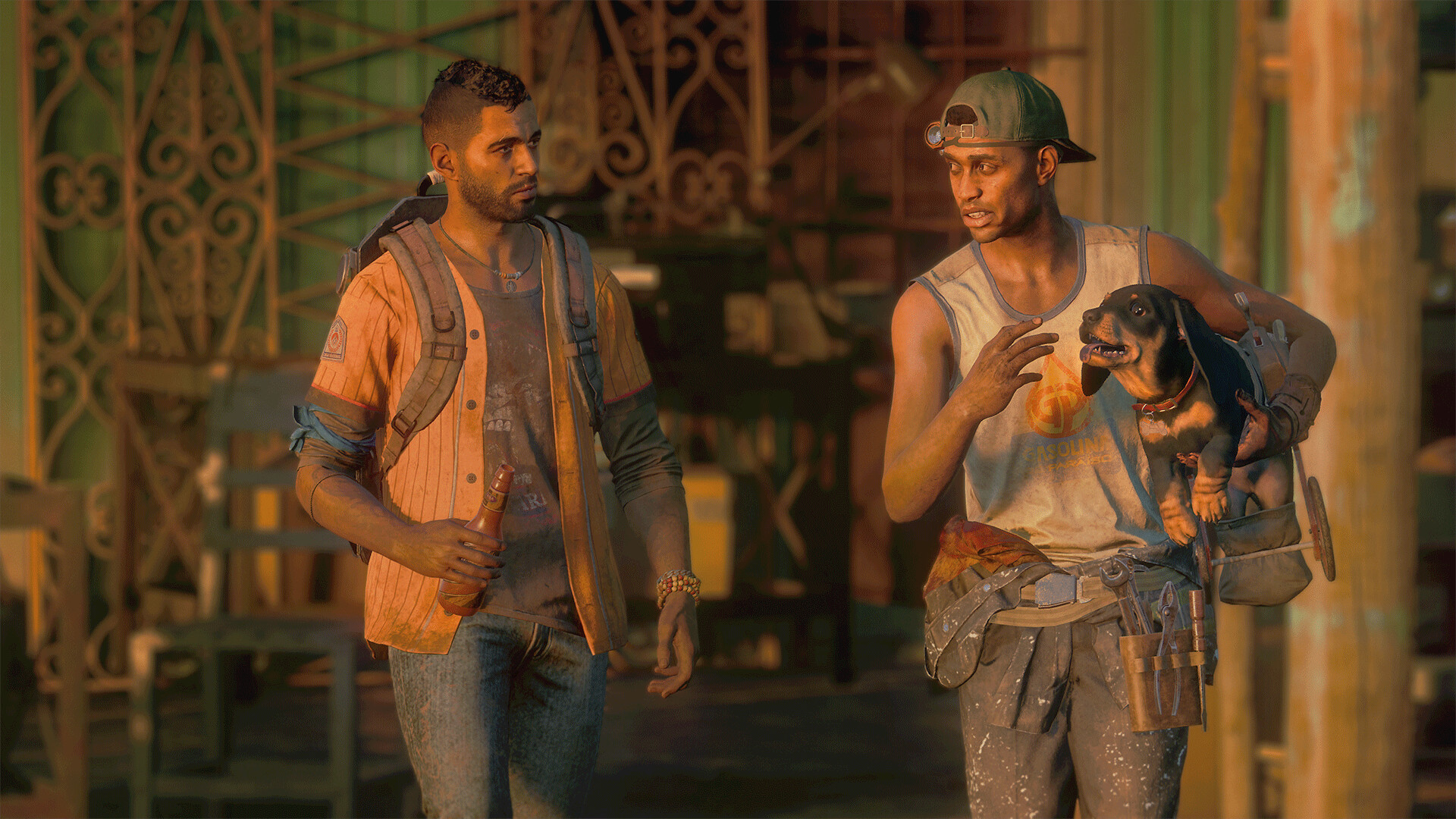 Far Cry 6: two guerrillas talking in a workshop with a companion dog beside them