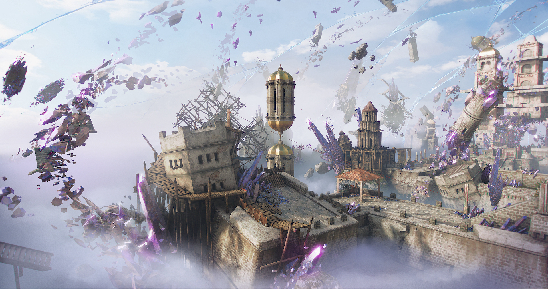Far Cry 6 Lost Between Worlds: a shattered floating fortress surrounded by purple crystals