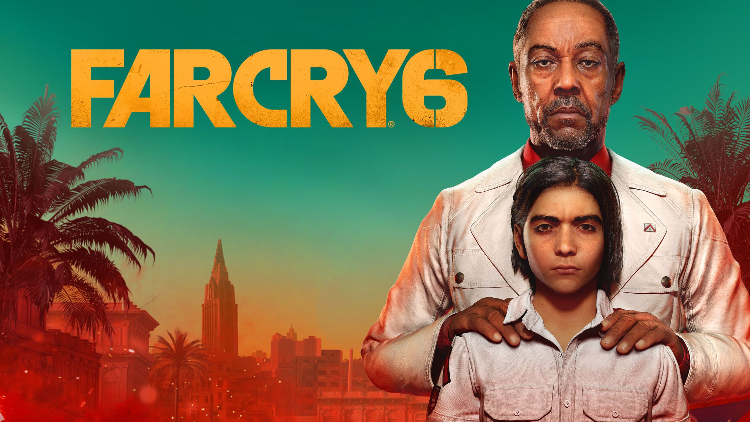 Far Cry 6 key art: Anton Castillo and Dani Rojas in front of a Yaran city skyline at sunset