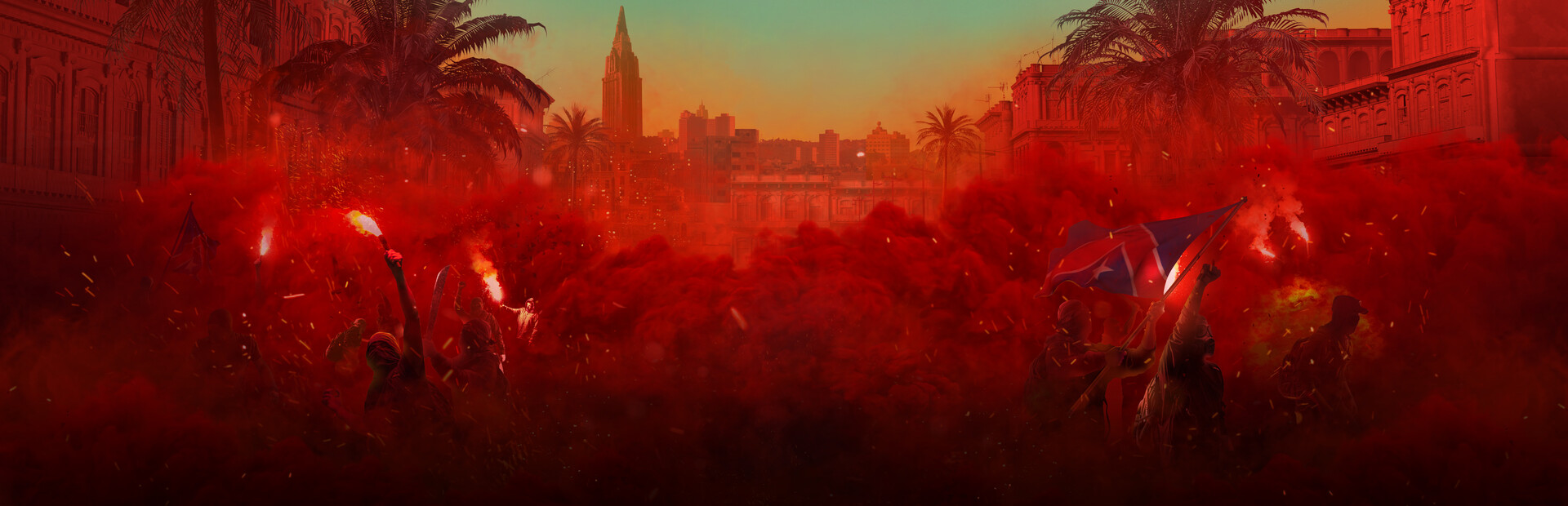 Far Cry 6: Yaran rebels holding red flares and the flag of Libertad in a city square at night