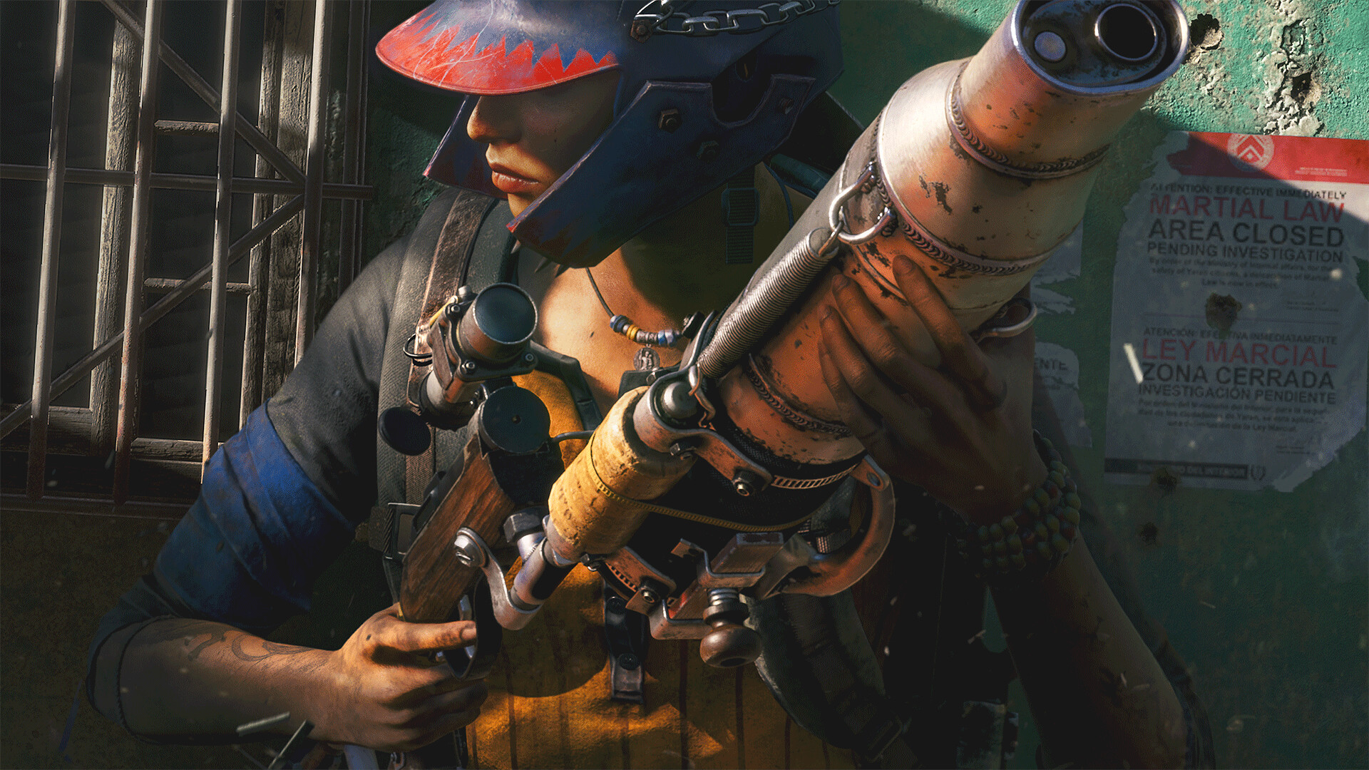 Far Cry 6 guerrilla fighter in a painted helmet carrying an improvised flamethrower