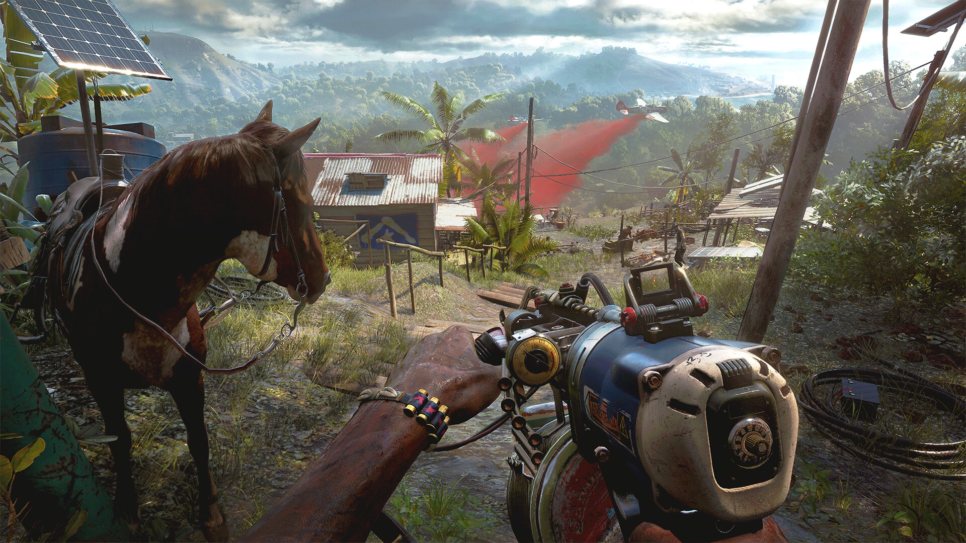 Far Cry 6 first-person view holding a Resolver weapon in a Yaran village with red smoke rising